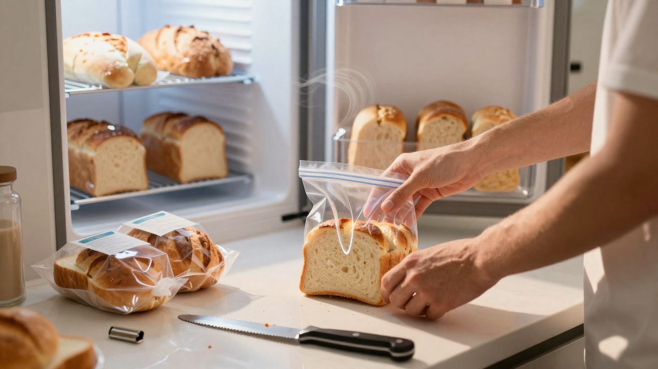 Pessoa a guardar fatias de pão fatiado num saco plástico, com vários pães numa bancada e interior de frigorífico aberto.