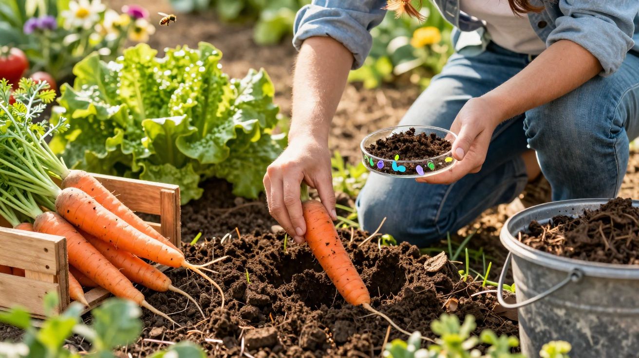 Pessoa a colher cenoura fresca no jardim, com legumes e terra à volta, em dia solarengo.