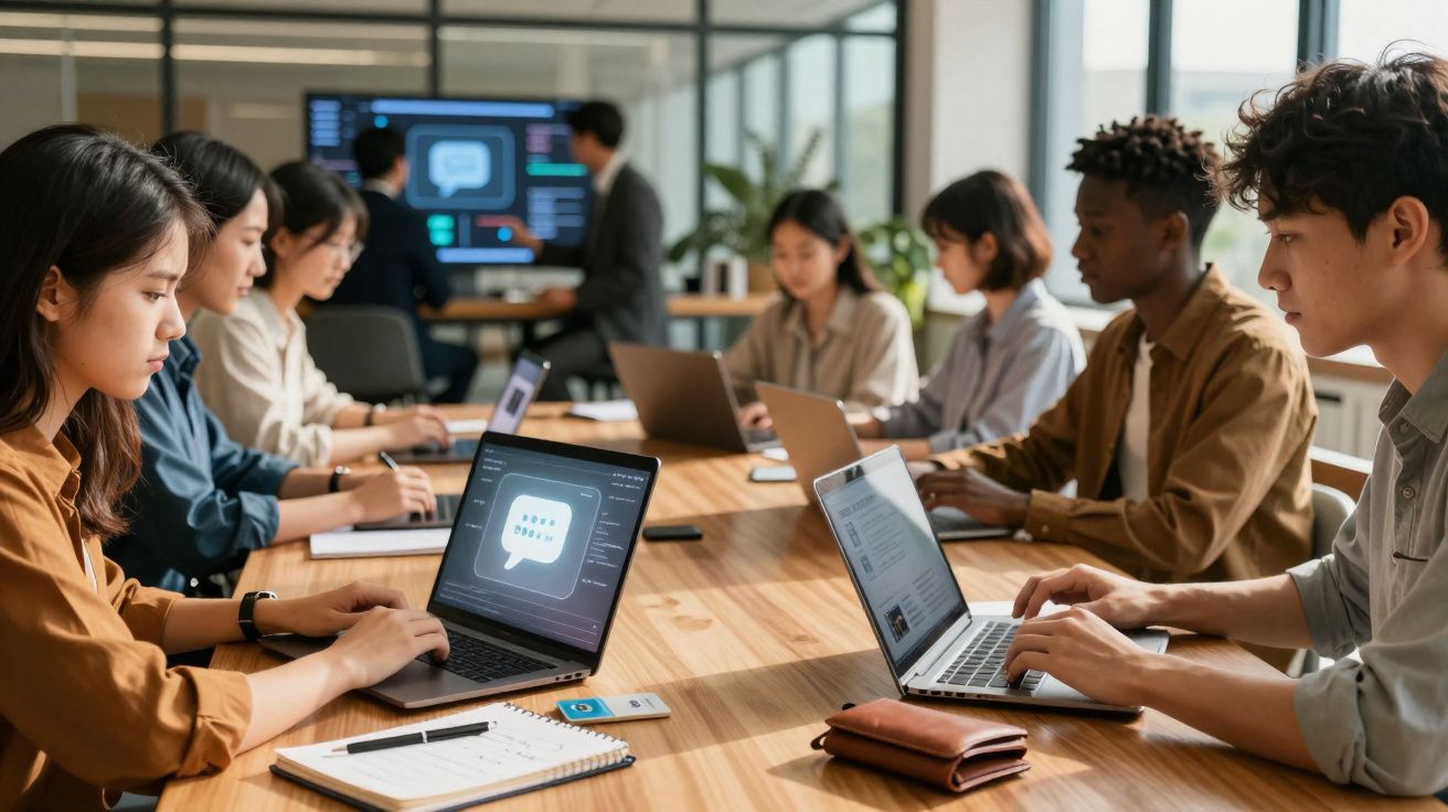 Grupo diversificado de jovens a trabalhar em laptops numa reunião num escritório moderno.