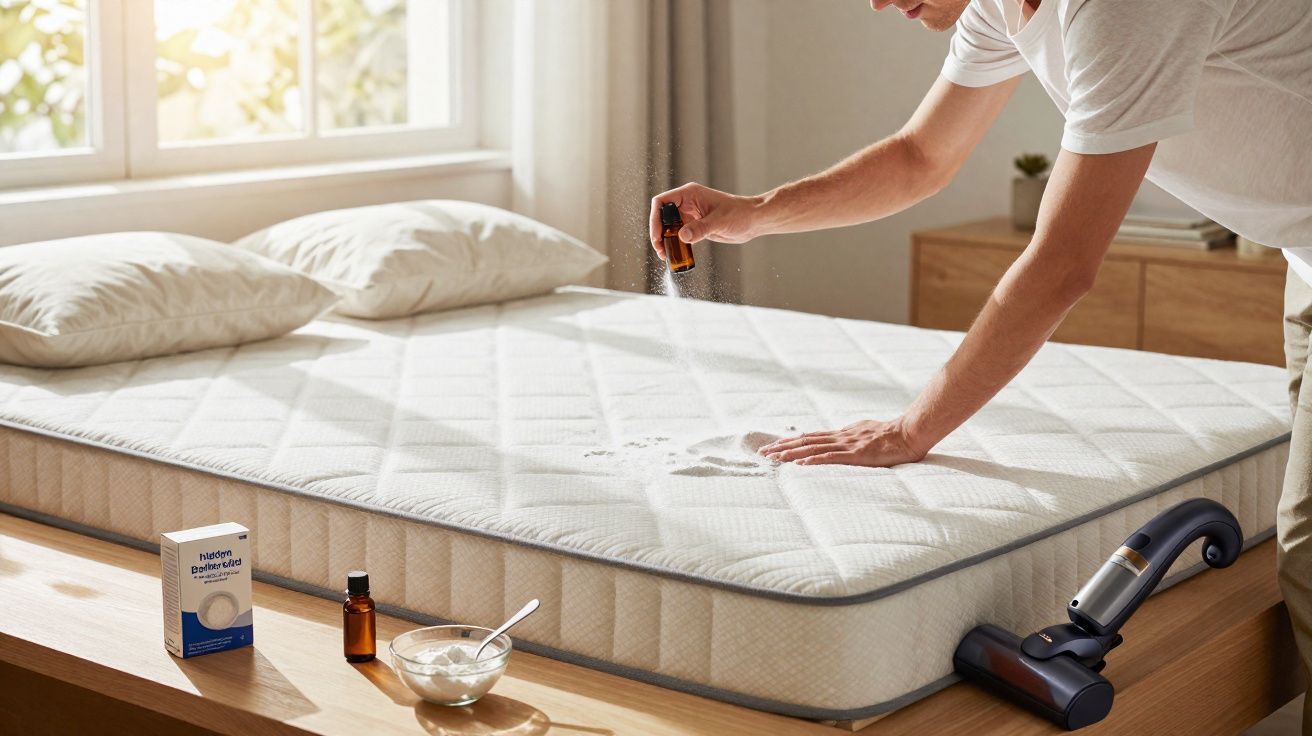 Pessoa a limpar colchão com spray e aspirador, com produtos de limpeza sobre a cama.