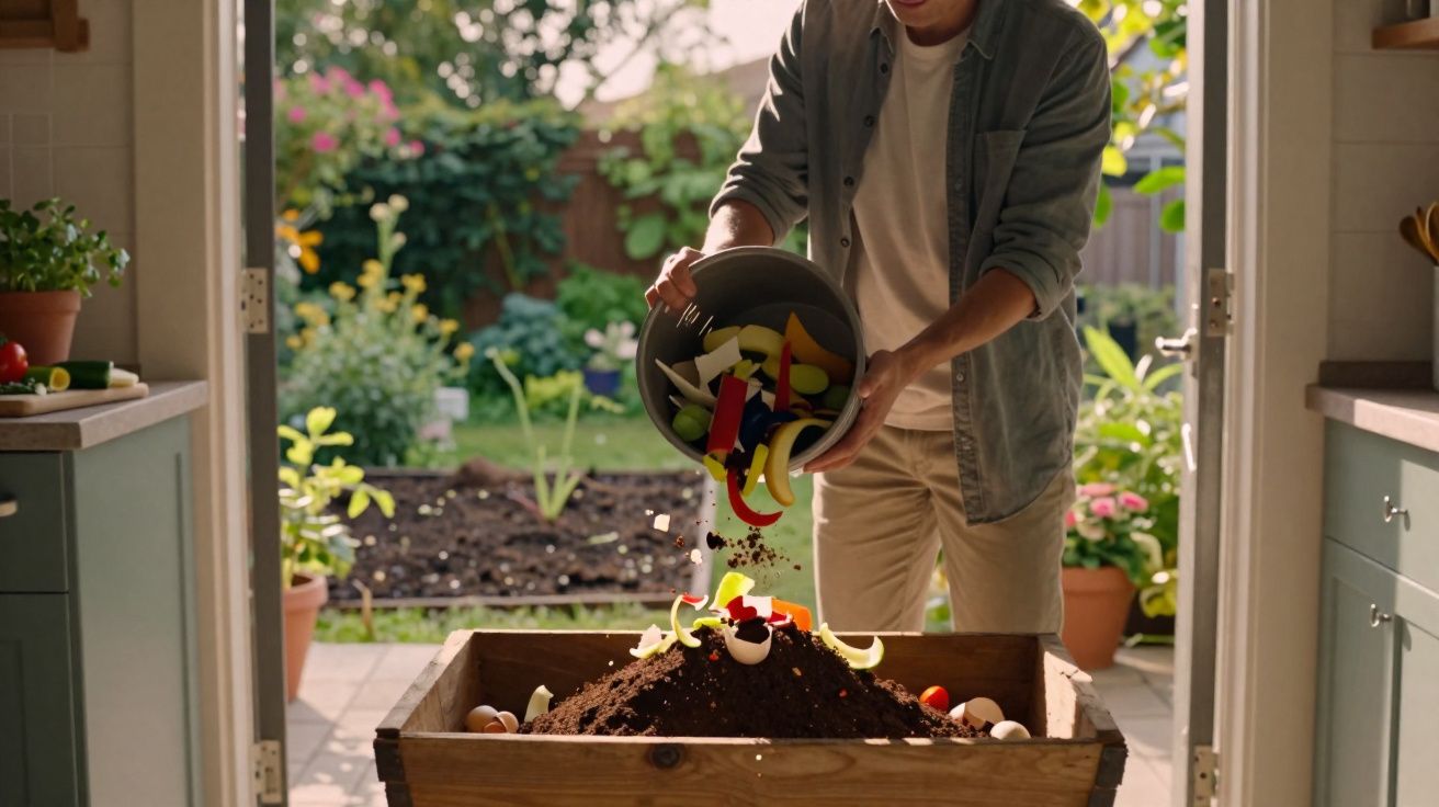 Pessoa a deitar restos de comida numa caixa de compostagem no jardim durante o dia.