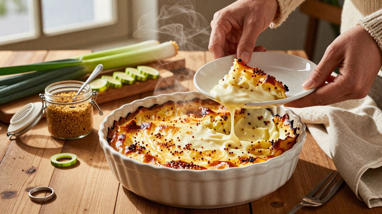 Pessoa a servir lasanha cremosa fumegante num prato branco sobre mesa de madeira com alho-francês ao fundo.