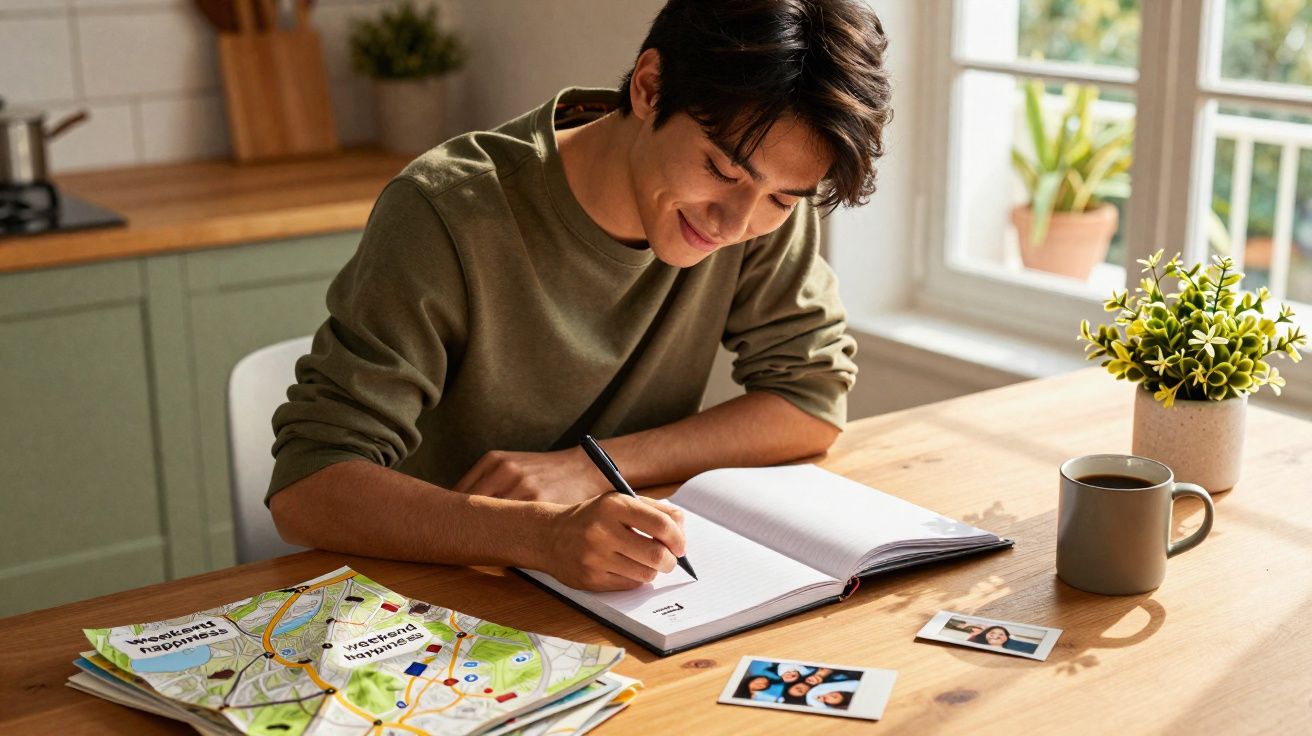 Jovem sentado a uma mesa de madeira, a escrever num caderno, com mapas e fotos à sua frente na cozinha.