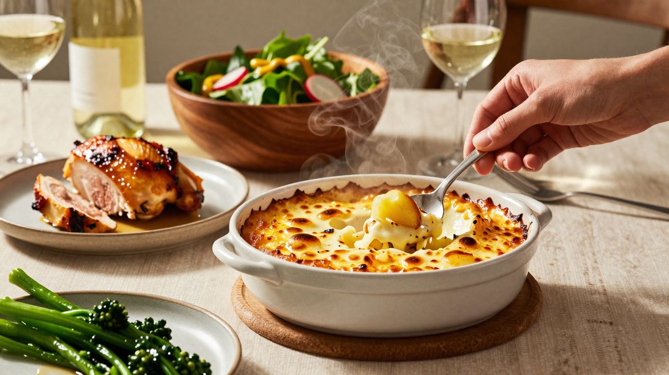 Refeição com batatas gratinadas fumegantes, frango assado, salada fresca, brócolos e vinho branco numa mesa de madeira.