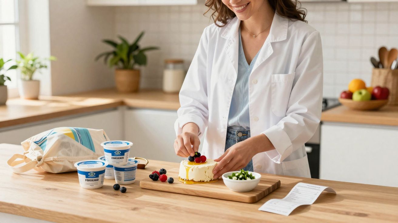 Mulher em bata branca a decorar sobremesa com frutos vermelhos numa cozinha moderna.