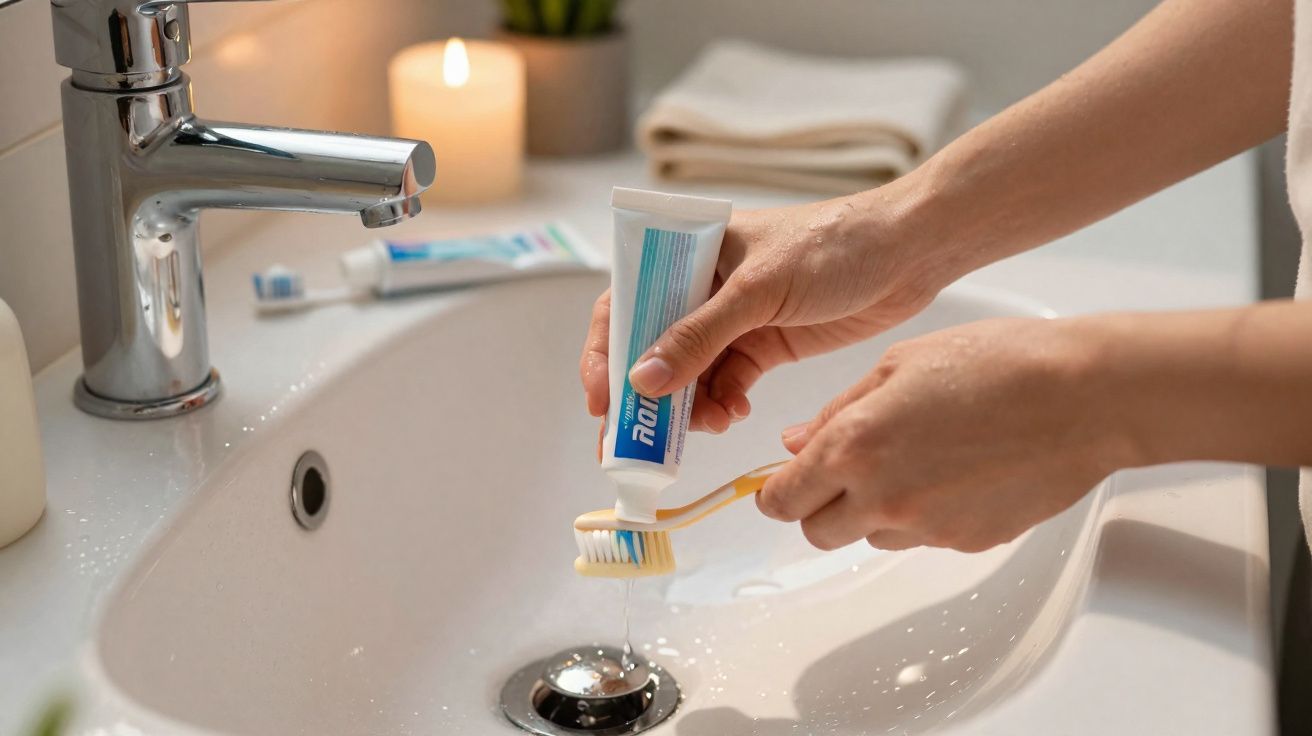 Pessoa a colocar pasta de dentes numa escova junto a uma pia de casa de banho com vela acesa ao fundo.