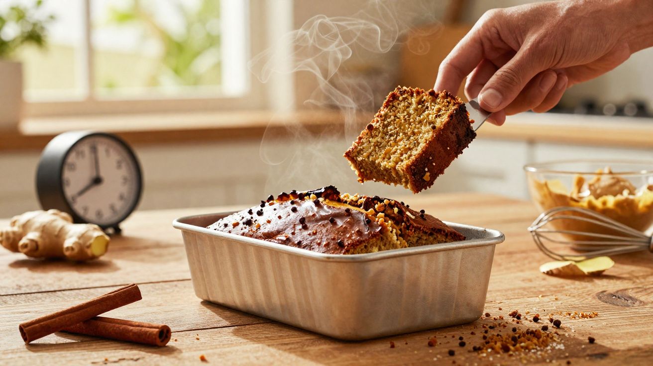 Bolo quente com especiarias numa forma, uma mão a levantar uma fatia fumegante numa cozinha iluminada.