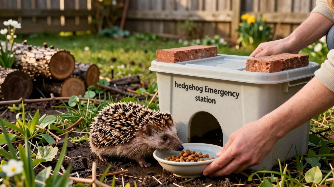 Ouriço a comer ração na entrada de uma casinha designada como estação de emergência para ouriços.