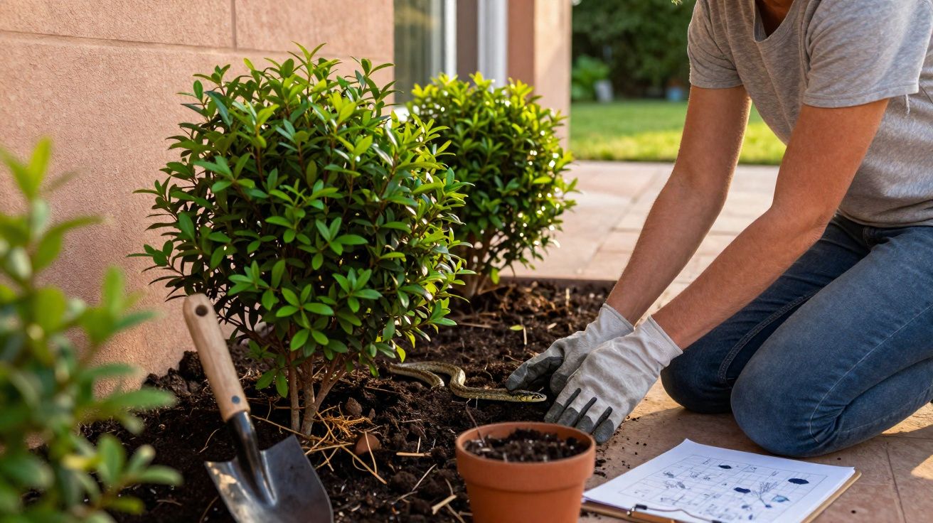 Pessoa de luvas a plantar arbustos num jardim com ferramentas e plantações ao redor.