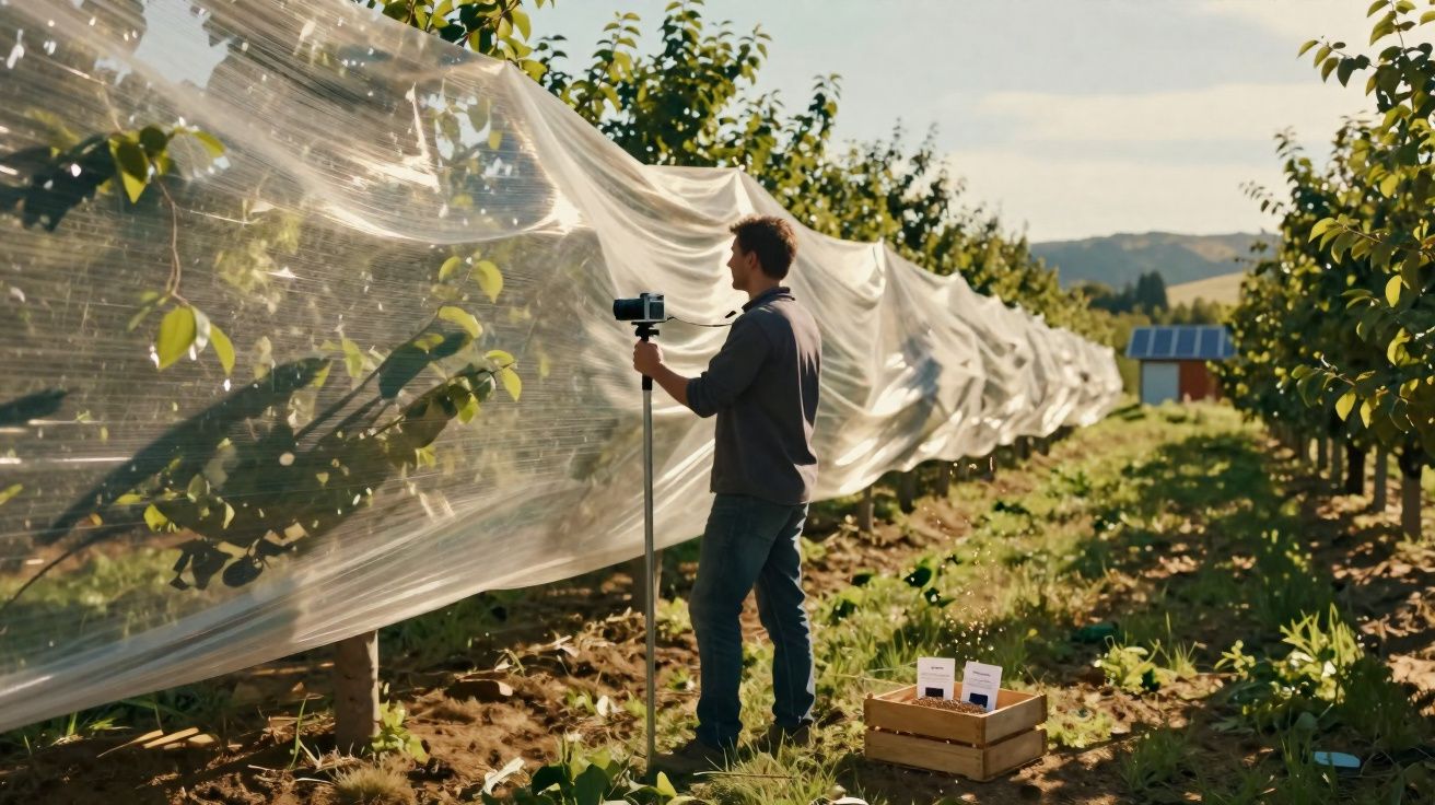 Homem a monitorizar plantas com equipamento tecnológico numa vinha protegida por rede plástica.