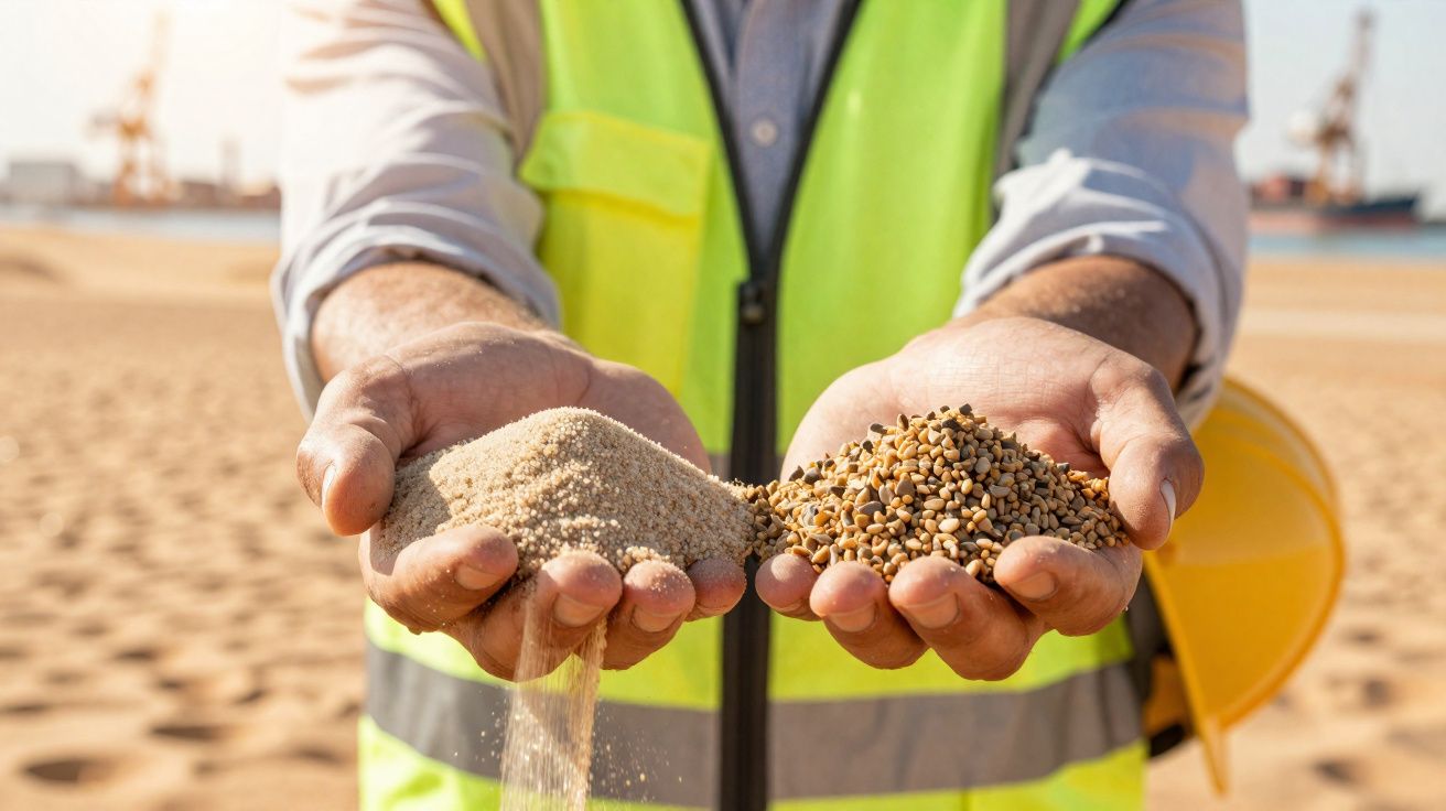 Homem com colete refletor segura areia e sementes num cais portuário com capacete amarelo ao fundo.