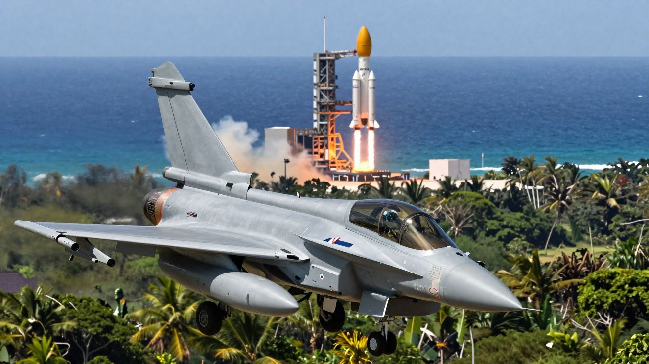 Caça militar cinzento a voar próximo de lançamento de foguetão junto ao mar e vegetação costeira.