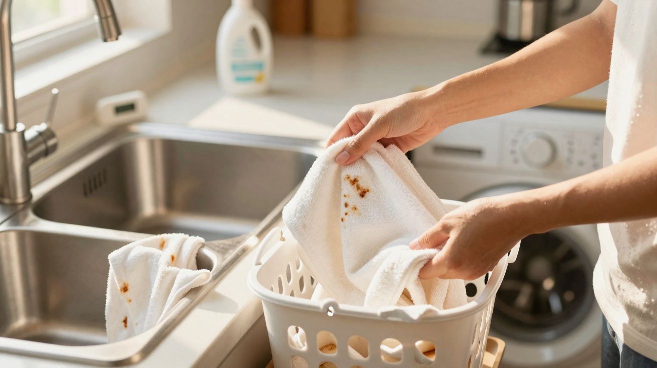 Pessoa a colocar roupa suja com manchas num cesto de roupa junto à pia da cozinha.