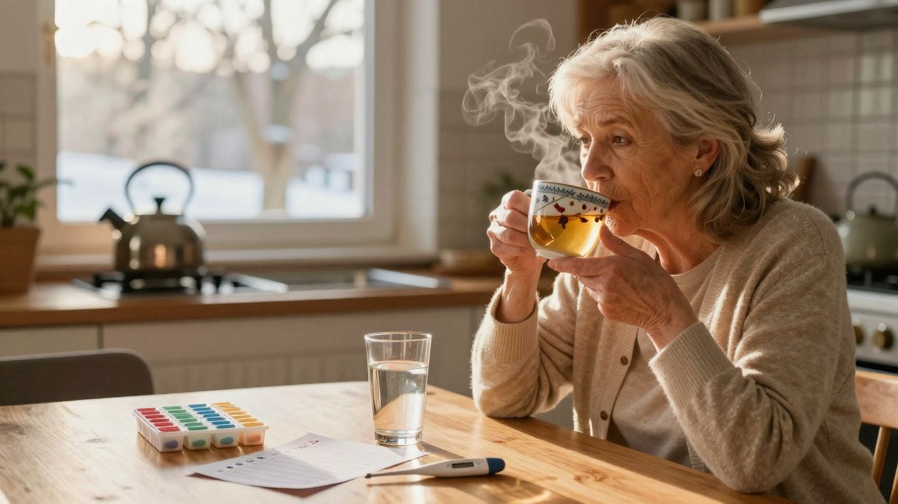 Mulher idosa a beber chá quente na cozinha, com comprimidos, copo de água e termómetro na mesa.