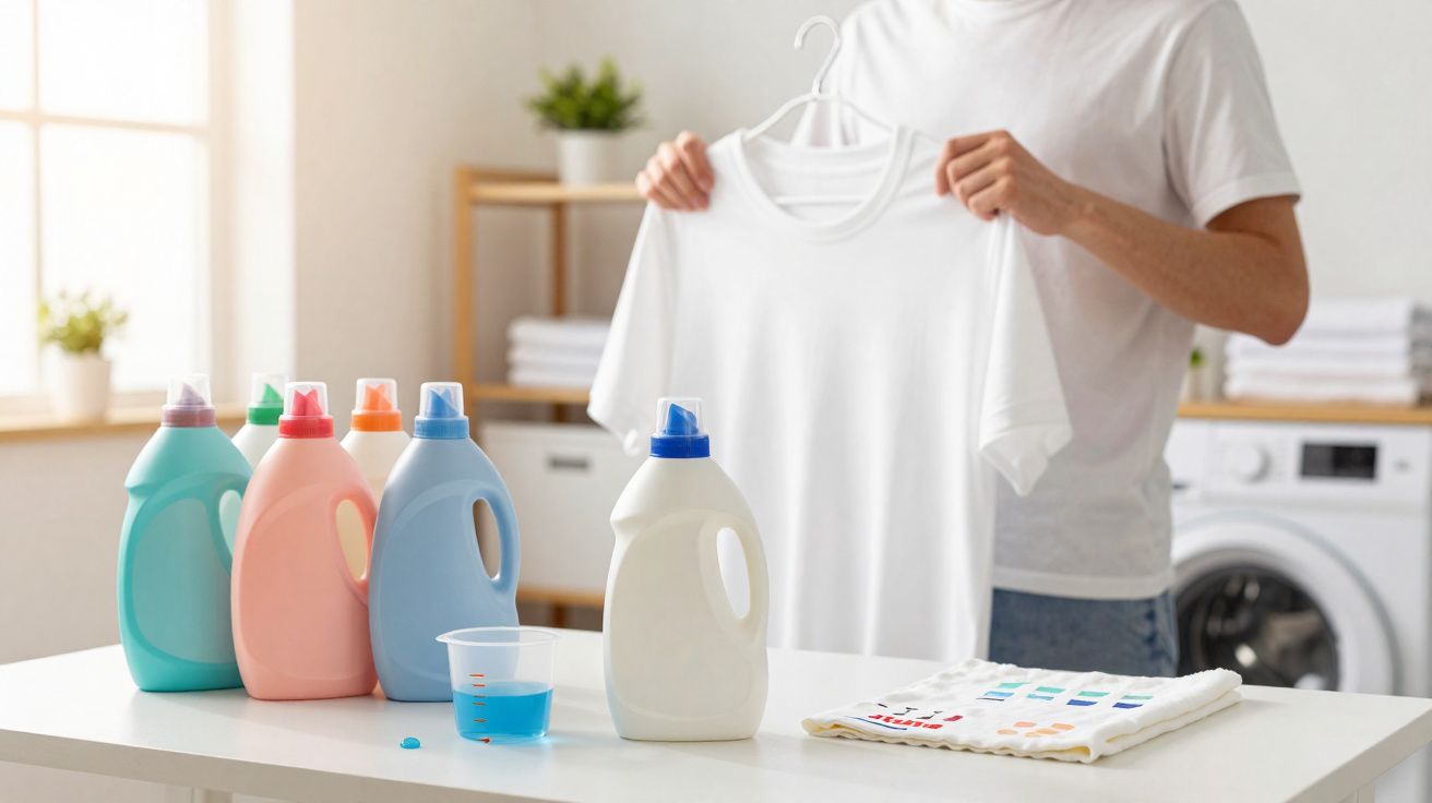 Pessoa a segurar t-shirt branca com vários detergentes líquidos e fita de teste de cores numa mesa branca.