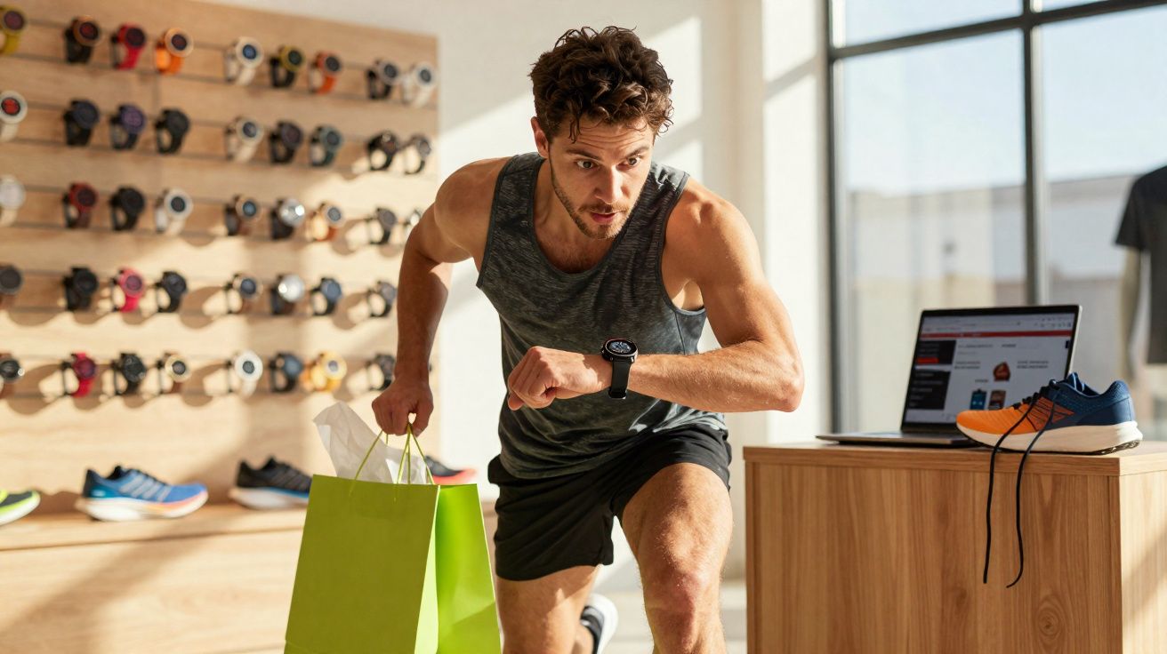 Homem em roupa desportiva a correr dentro de uma loja de desporto com sacos de compras verdes.