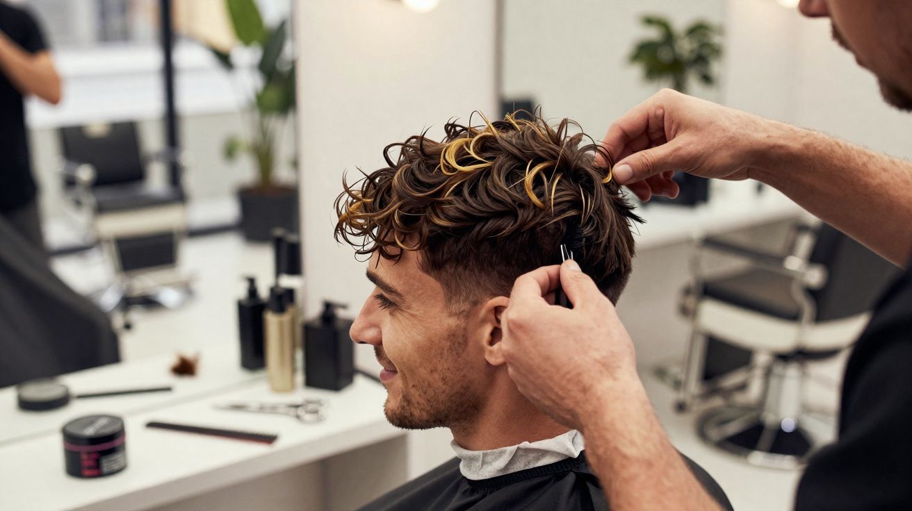 Homem sorridente a cortar e pentear cabelo cacheado num salão de cabeleireiro moderno.
