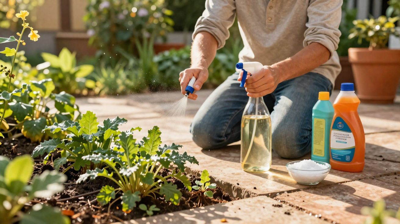 Pessoa a pulverizar plantas num jardim com produtos de cuidados ao lado, em dia ensolarado.