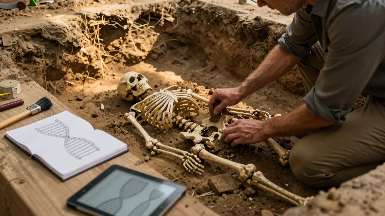 Arqueólogo a examinar esqueleto humano num sítio escavado com cadernos e tablet ao lado.