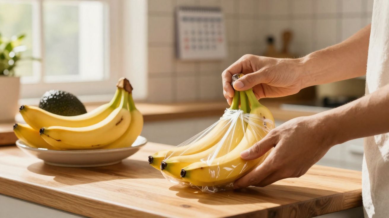 Mãos a embrulhar um cacho de bananas com película transparente numa cozinha iluminada.