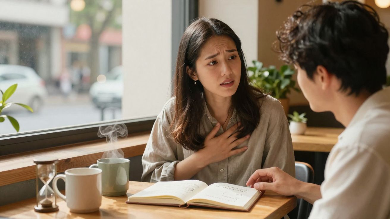 Mulher preocupada conversa com homem numa mesa de café com livro aberto e chá quente.