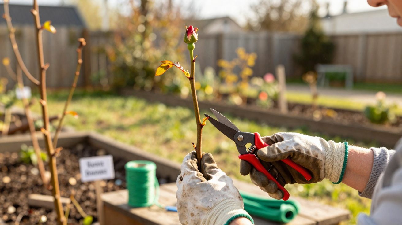 Mãos com luvas a podar um ramo de rosa num jardim com tesoura de poda vermelha e preta.