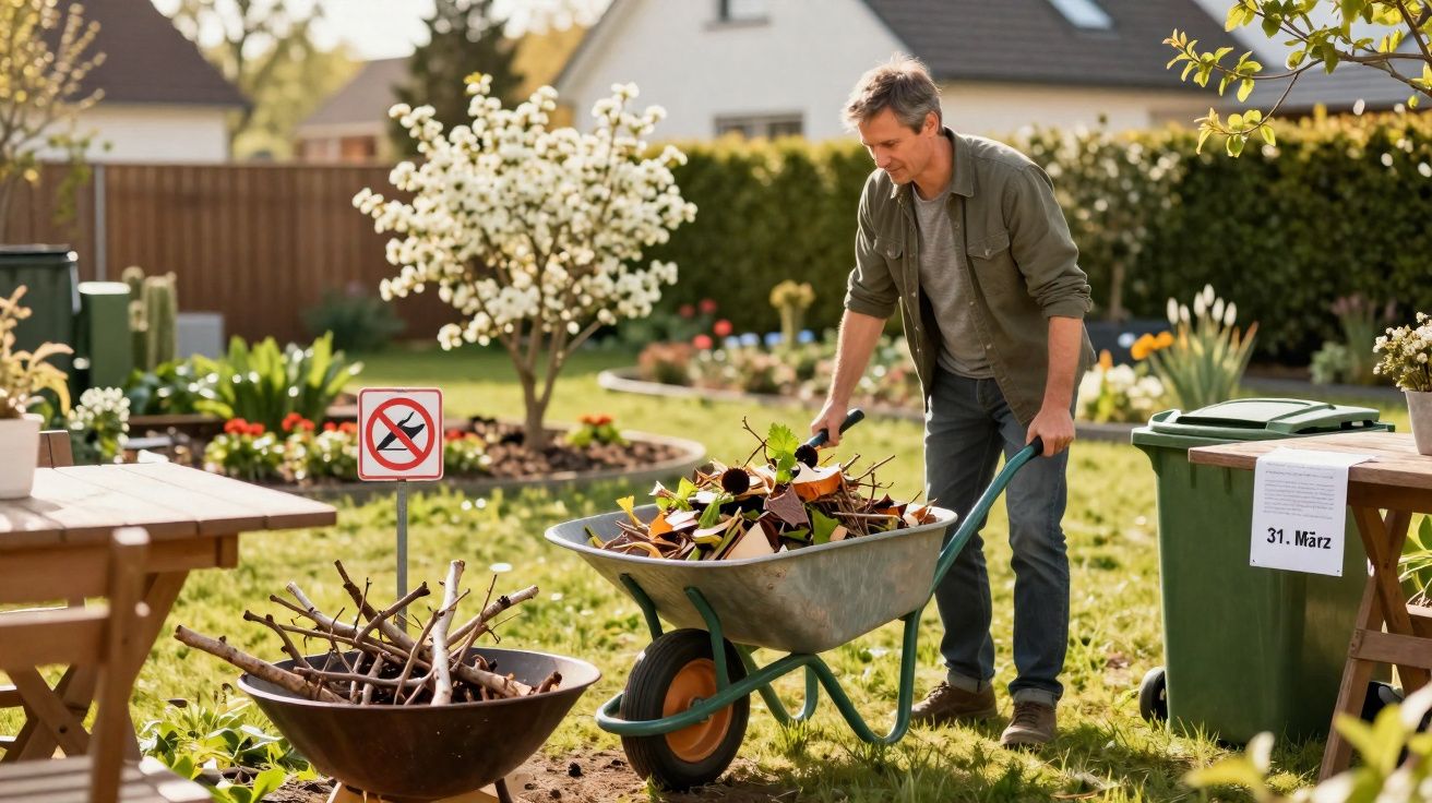 Homem a transportar carrinho de mão com folhas e ramos secos num jardim com árvores floridas e casa ao fundo.
