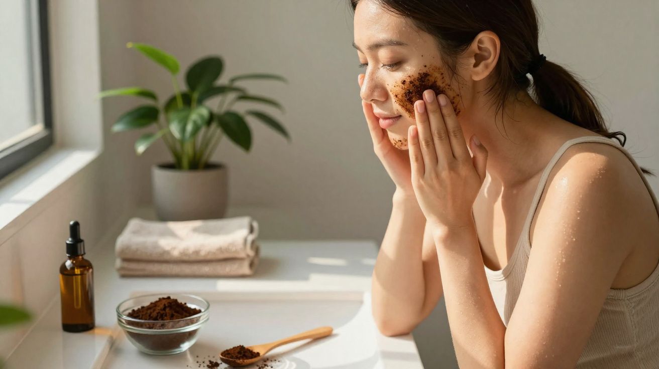 Mulher a aplicar esfoliante facial natural enquanto está ao lado de janela com luz natural.