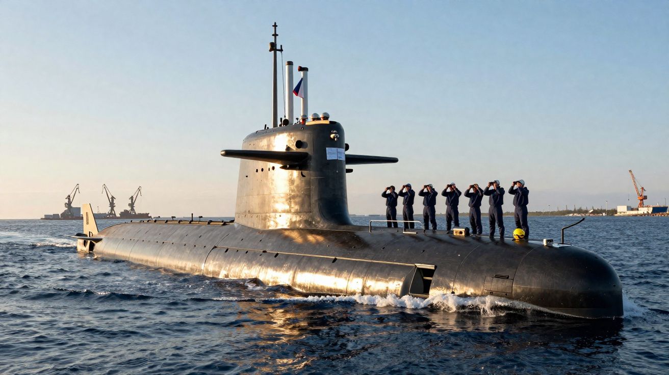 Submarino a flutuar na água com sete marinheiros em pé a olhar para a frente, porto ao fundo.
