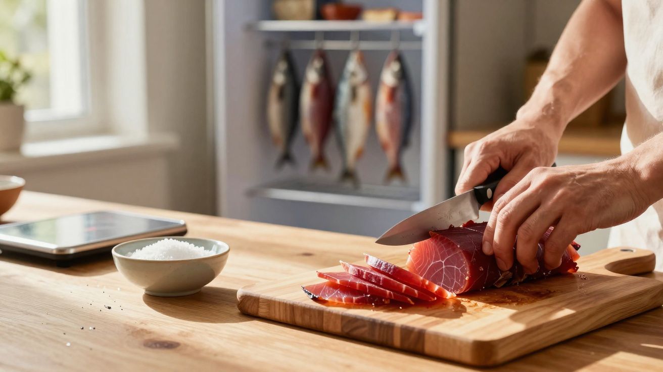 Pessoa a cortar fatias de peixe cru num tabuleiro de madeira numa cozinha iluminada.