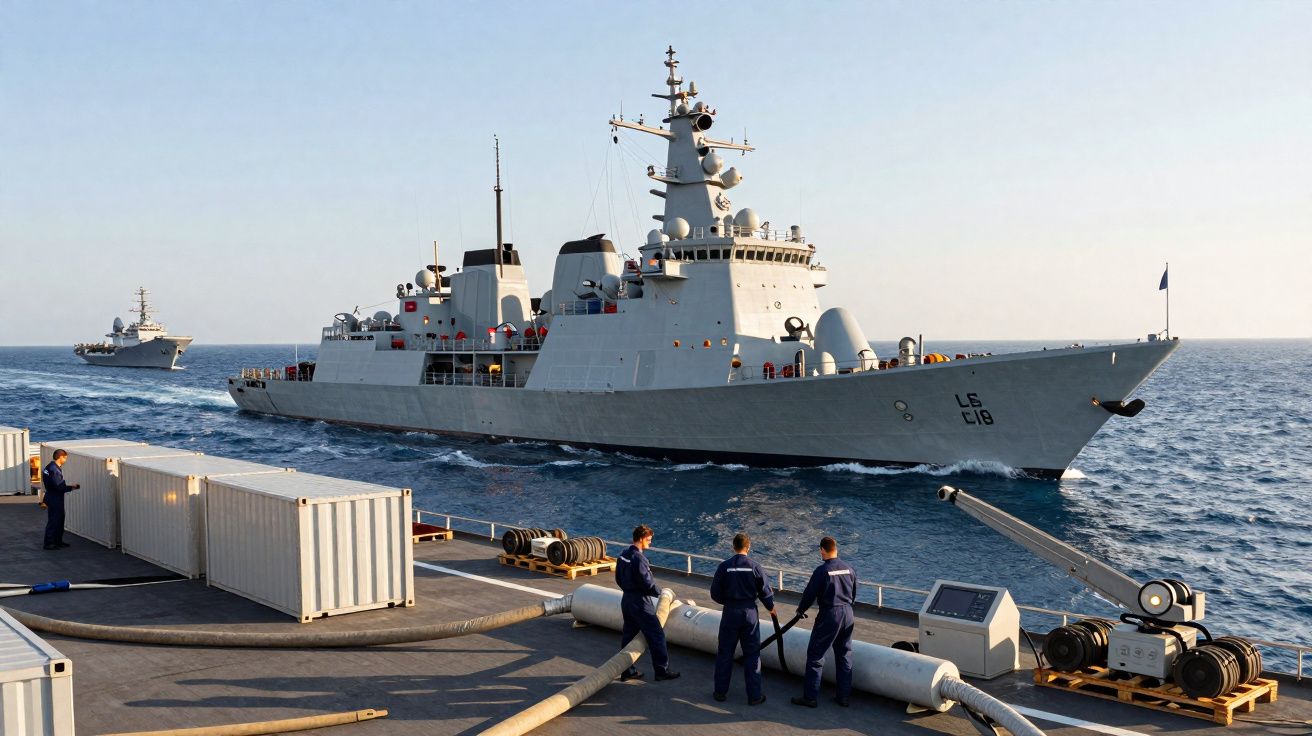 Navios de guerra no mar com marinheiros a operar equipamentos no convés durante o dia.
