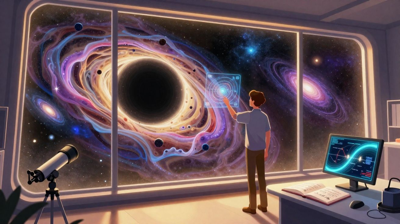 Pessoa interage com ecrã holográfico a observar buraco negro e galáxias através de janela panorâmica.