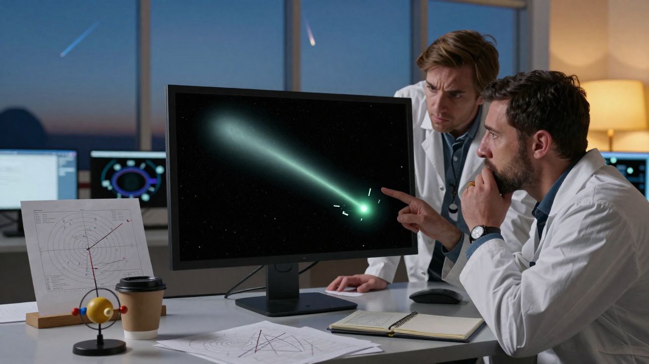Dois cientistas em laboratório a analisar imagem de cometa num ecrã de computador durante o entardecer.