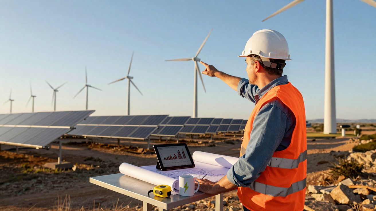Engenheiro em colete laranja analisa painéis solares e turbinas eólicas num campo de energia renovável.