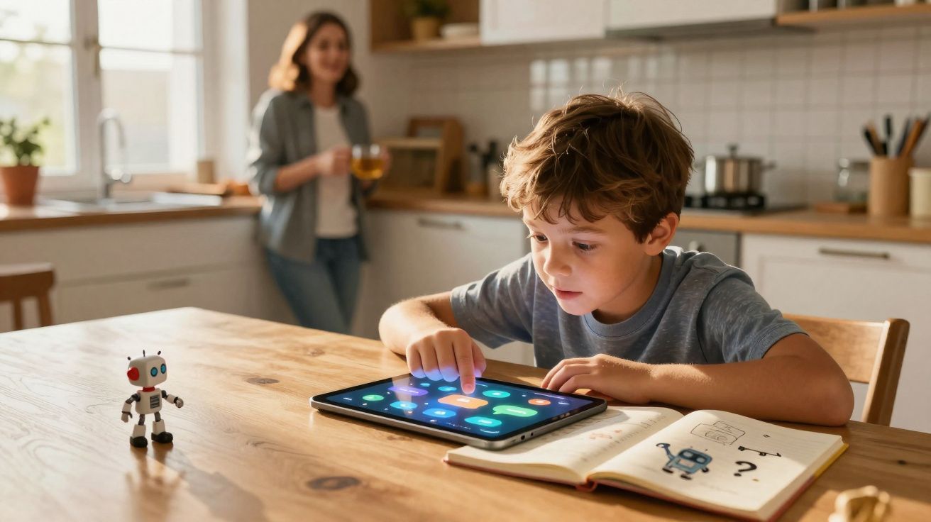 Criança a usar tablet na mesa com livro de robótica aberto e mulher ao fundo na cozinha.