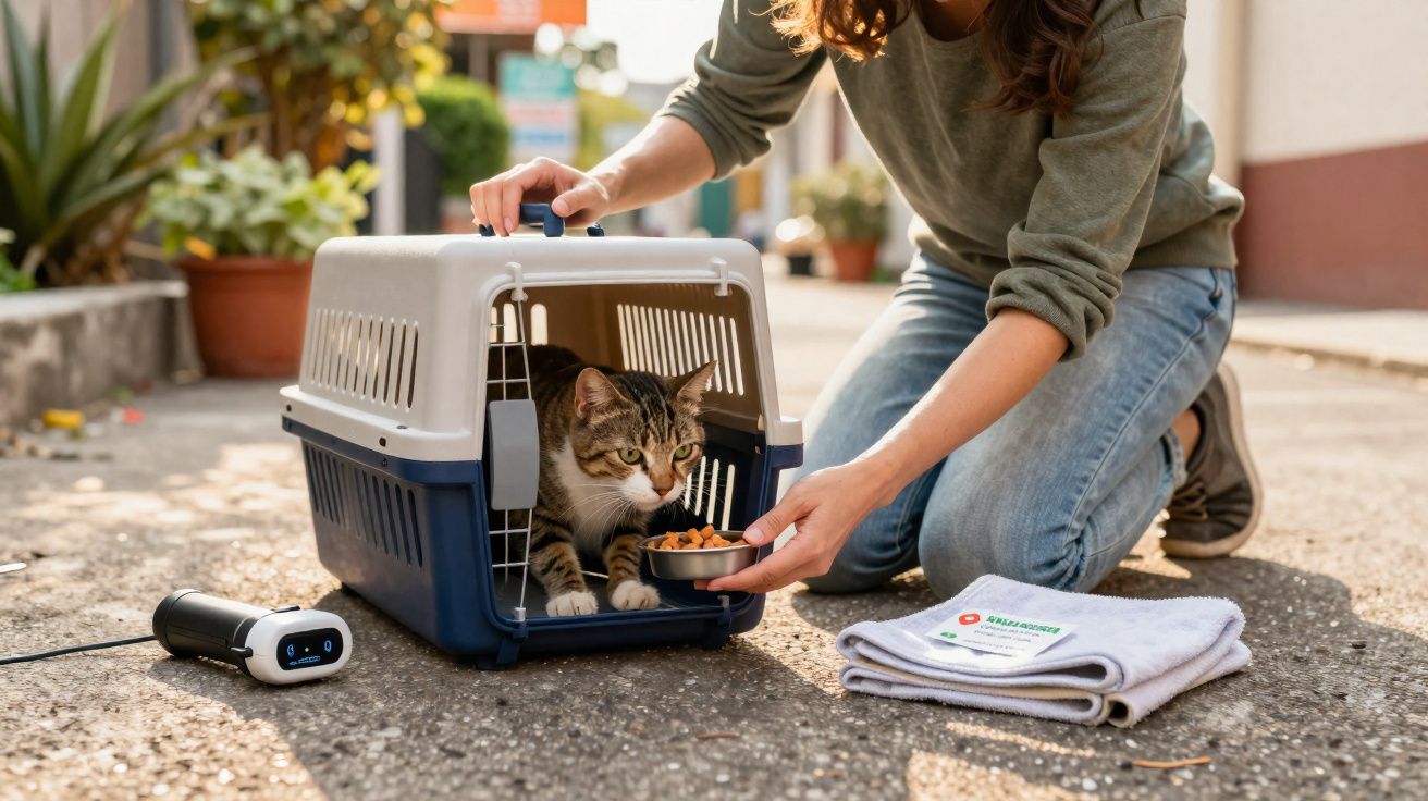 Gato a sair de transportadora com pessoa a oferecer comida numa rua com plantas em redor.