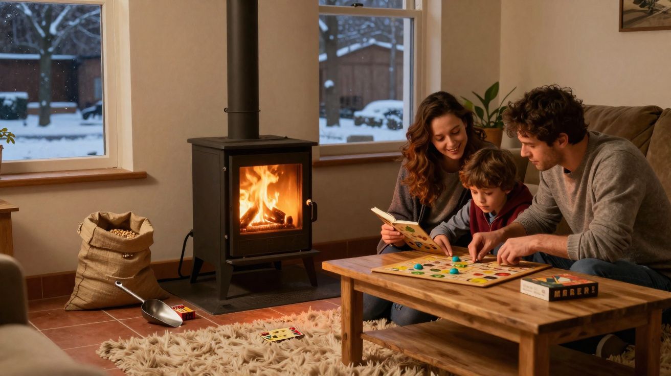 Família a jogar jogo de tabuleiro junto à lareira numa sala acolhedora com neve do lado de fora.