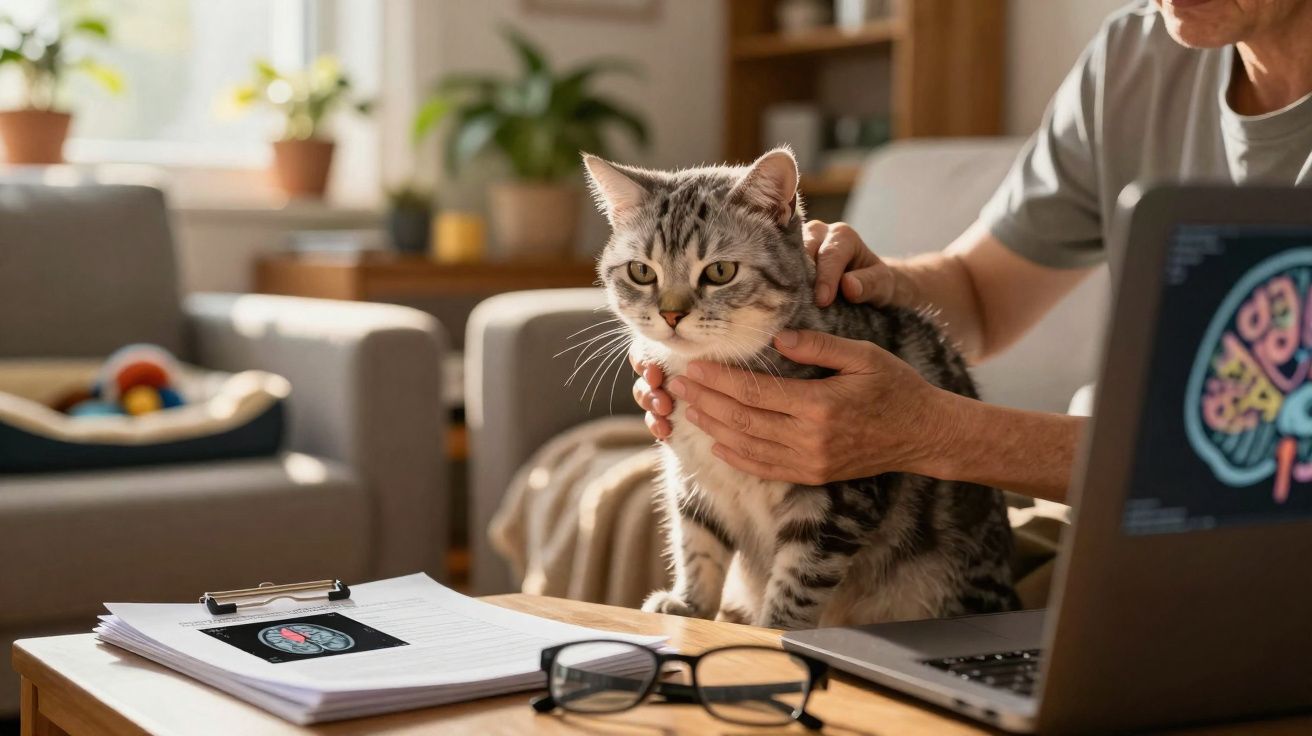 Pessoa a segurar um gato cinzento numa mesa com computador, documentos e óculos num ambiente acolhedor.