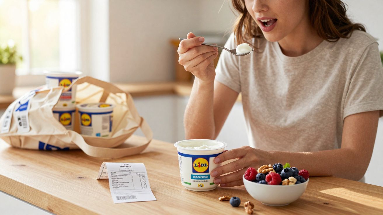 Mulher a comer iogurte Lidl à colher com taça de frutos vermelhos e noz numa cozinha luminosa.