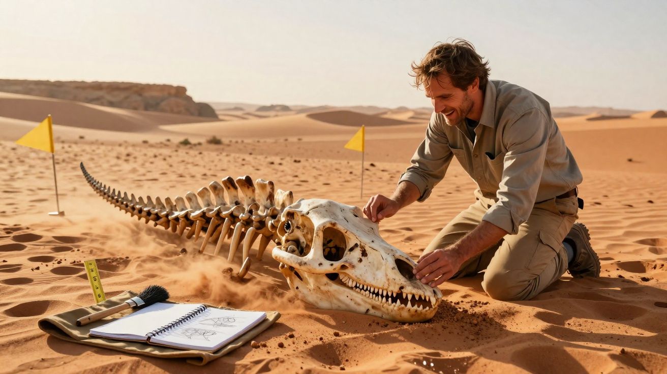 Homem examina esqueleto gigante de criatura no deserto com ferramentas e caderno de anotações ao lado.