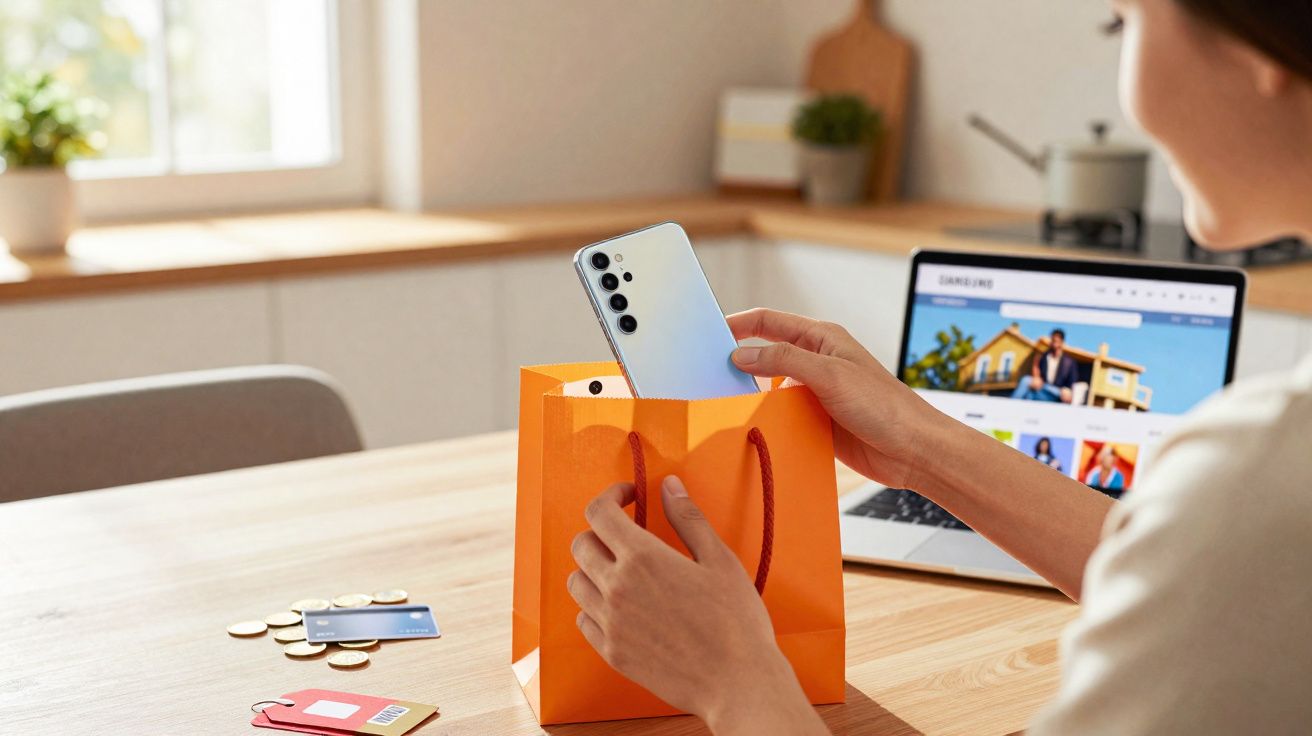Pessoa a guardar um smartphone num saco de compras laranja, com computador portátil aberto numa mesa.