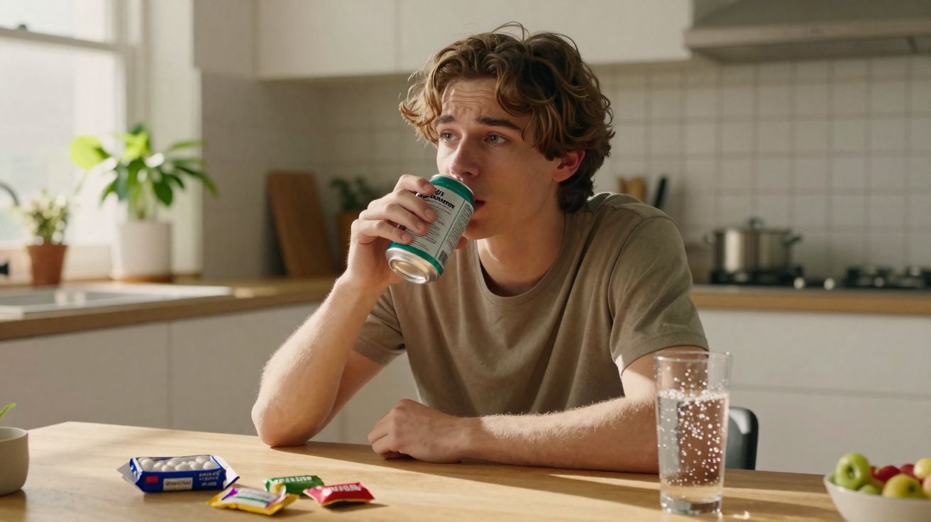 Jovem sentado à mesa na cozinha a beber de uma lata com barras de chocolate e copo de água à sua frente.