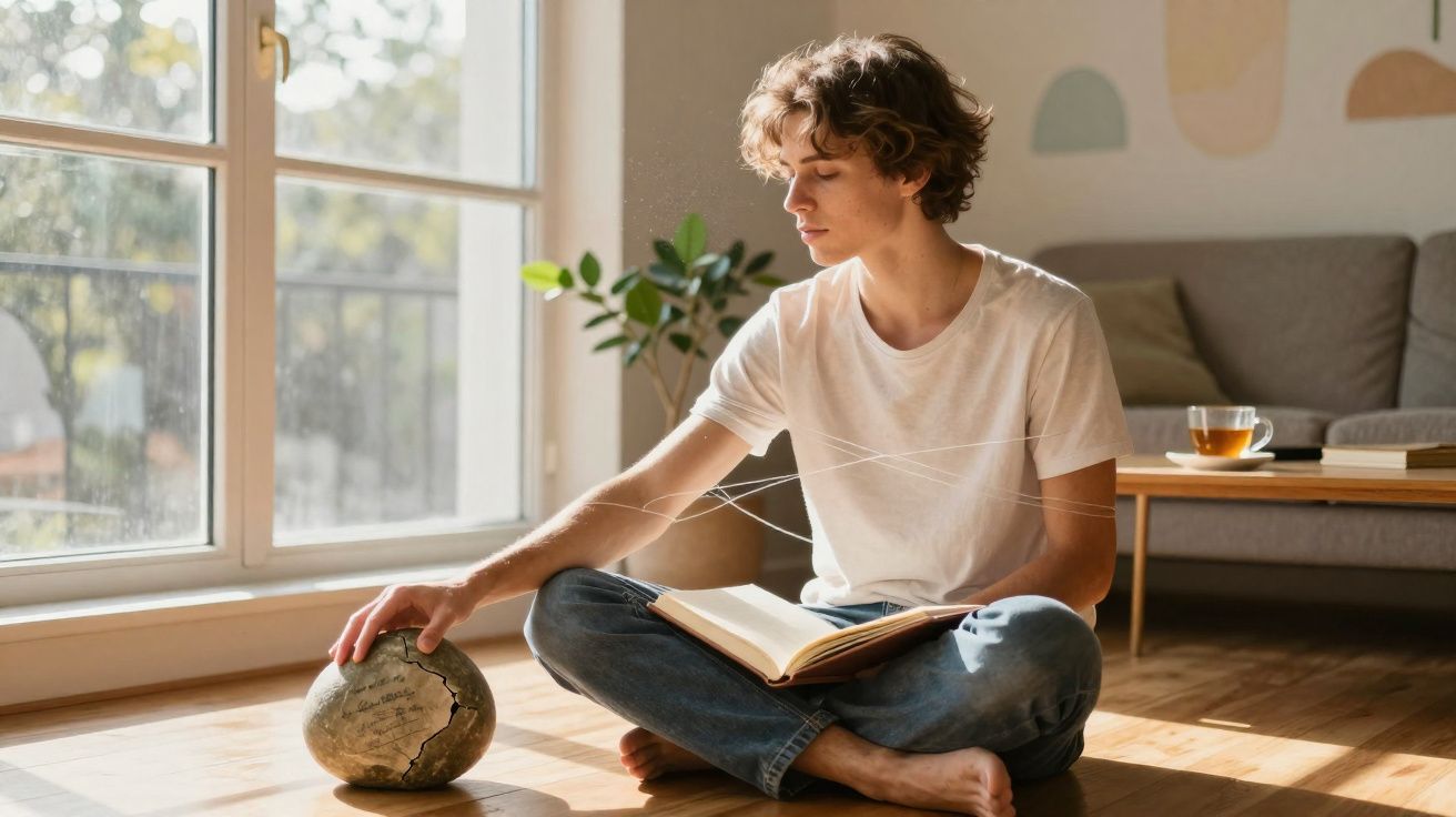 Pessoa sentada no chão com livro aberto, tocando numa pedra ao lado de uma janela grande iluminada.
