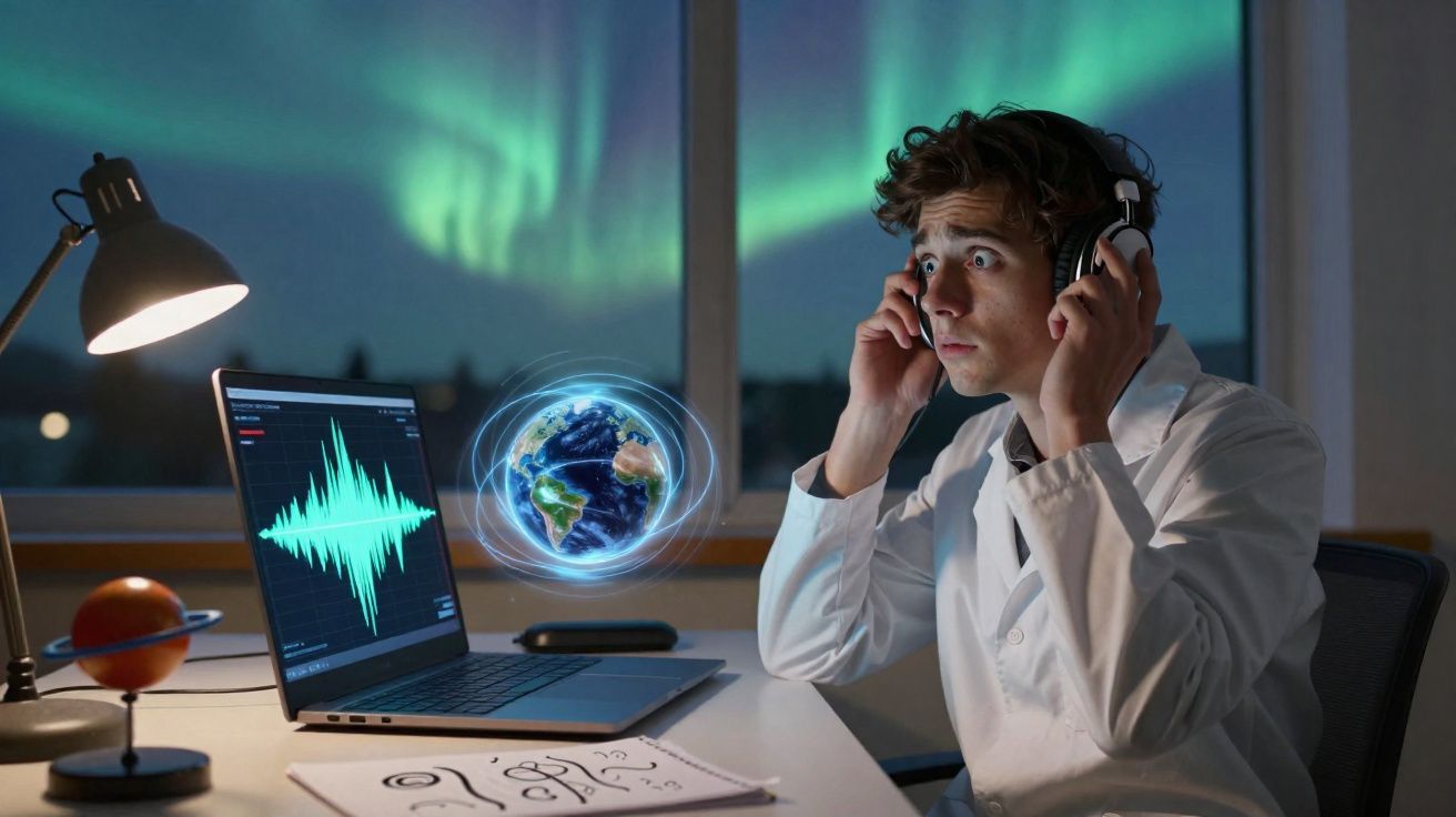 Homem com bata branca e auscultadores reage a comunicação holográfica da Terra junto a laptop com gráfico sonoro.