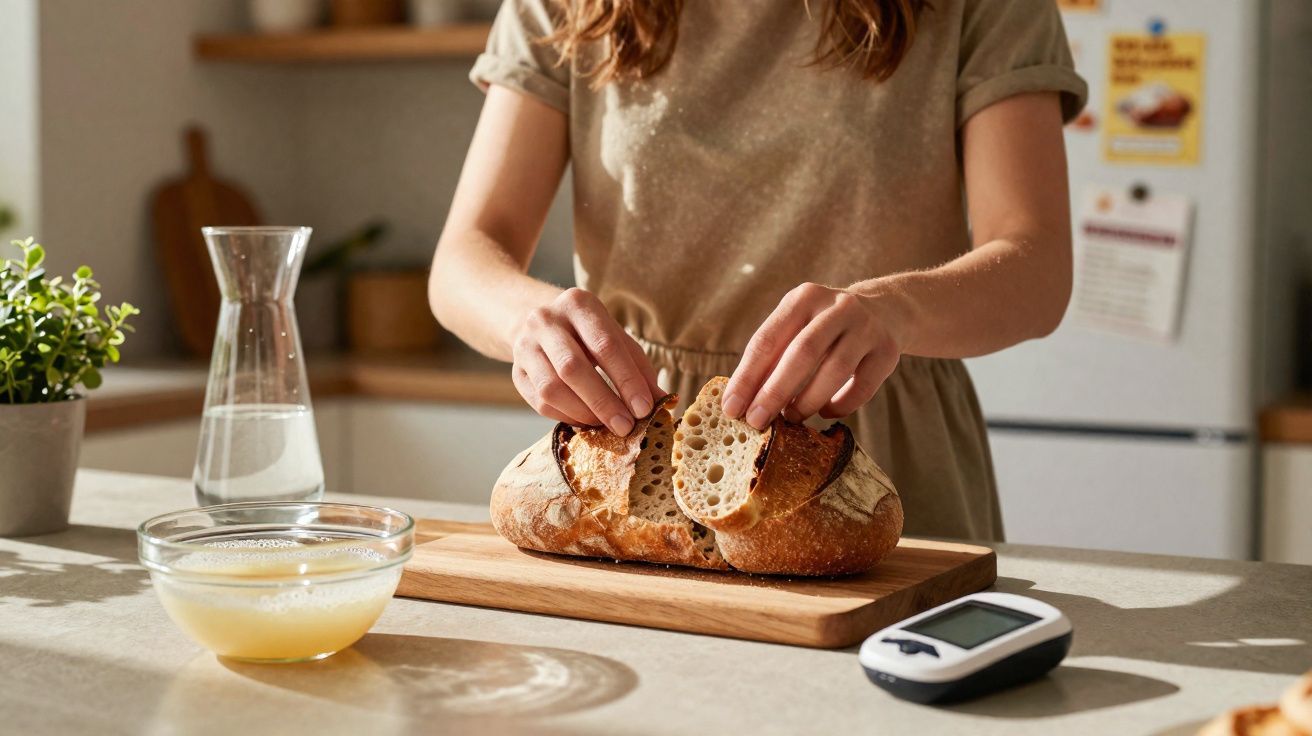 Pessoa a partir pão caseiro numa tábua de cortar numa cozinha com jarro de água e monitor de glicose na mesa.