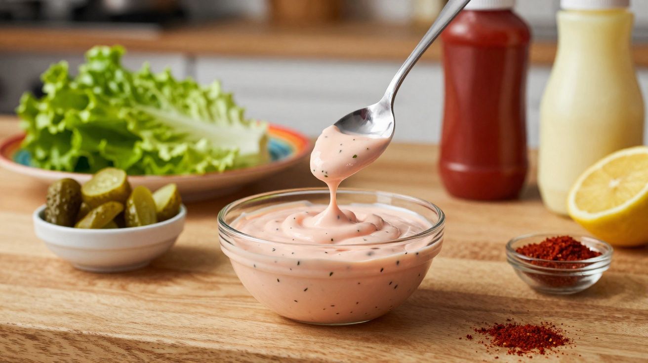 Tigela com molho rosa cremoso, colher a retirar molho, folhas de alface, pepinos, ketchup, maionese e limão.