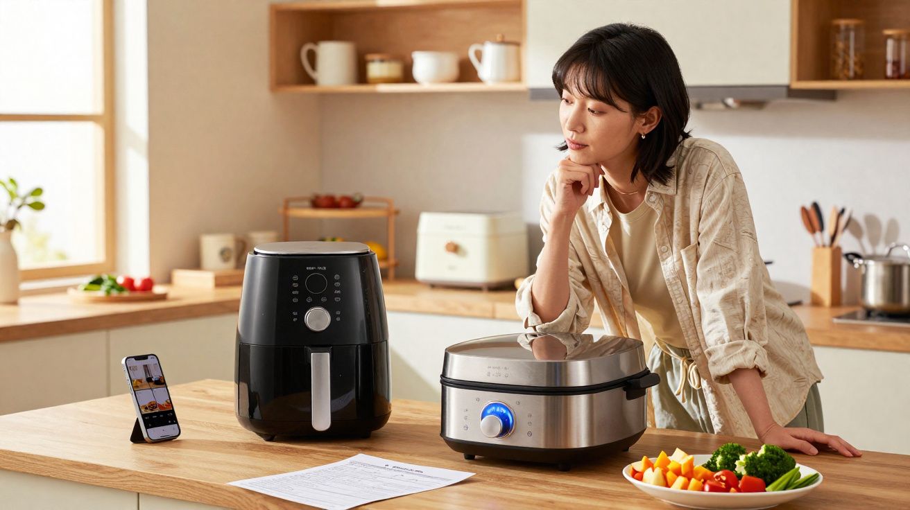 Mulher observando aparelhos de cozinha na bancada com legumes e smartphone ao lado.