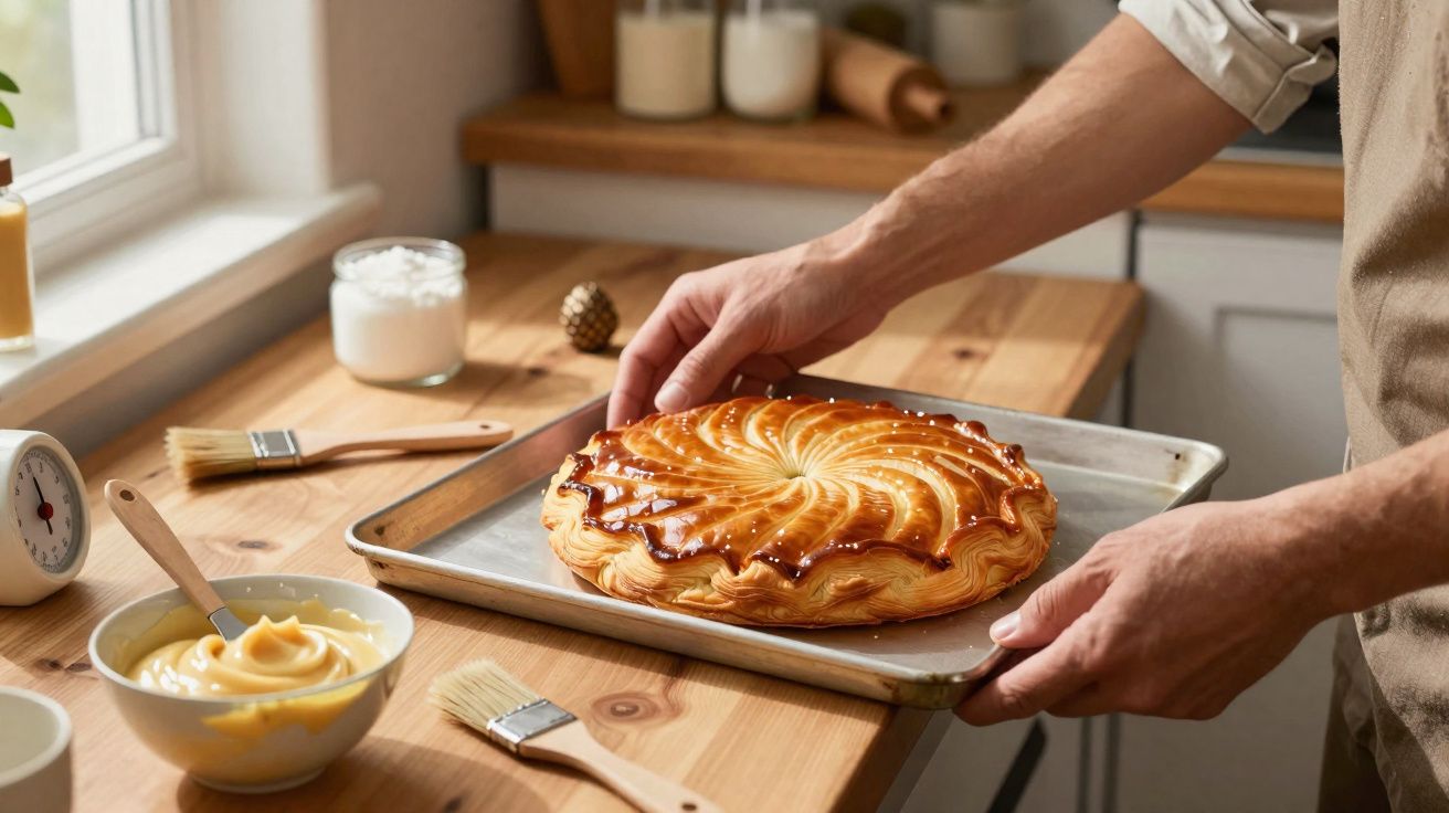 Mãos seguram tabuleiro com tarte dourada decorada numa cozinha, com pincéis e creme num recipiente à vista.
