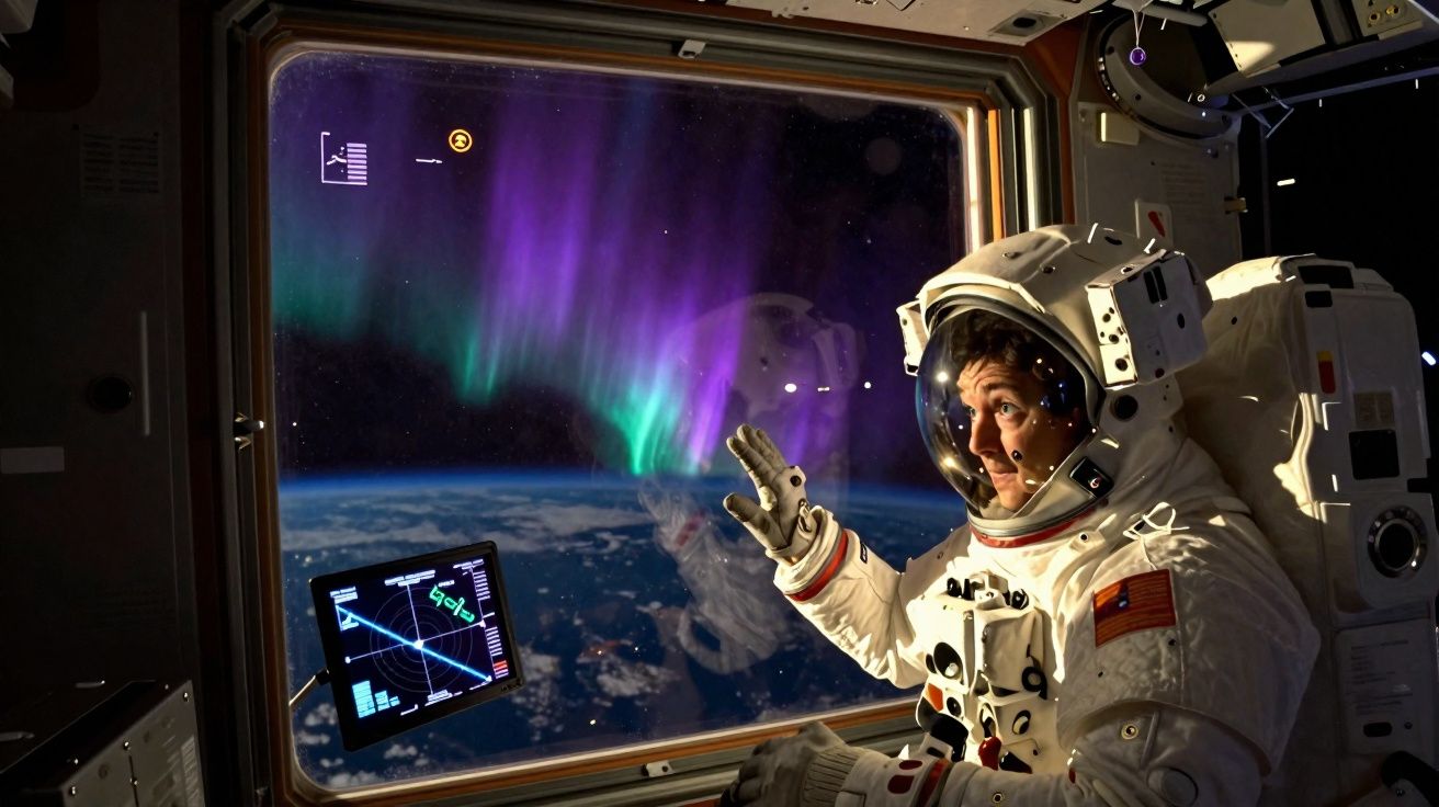 Astronauta dentro da estação espacial observa aurora boreal pela janela com a Terra ao fundo.