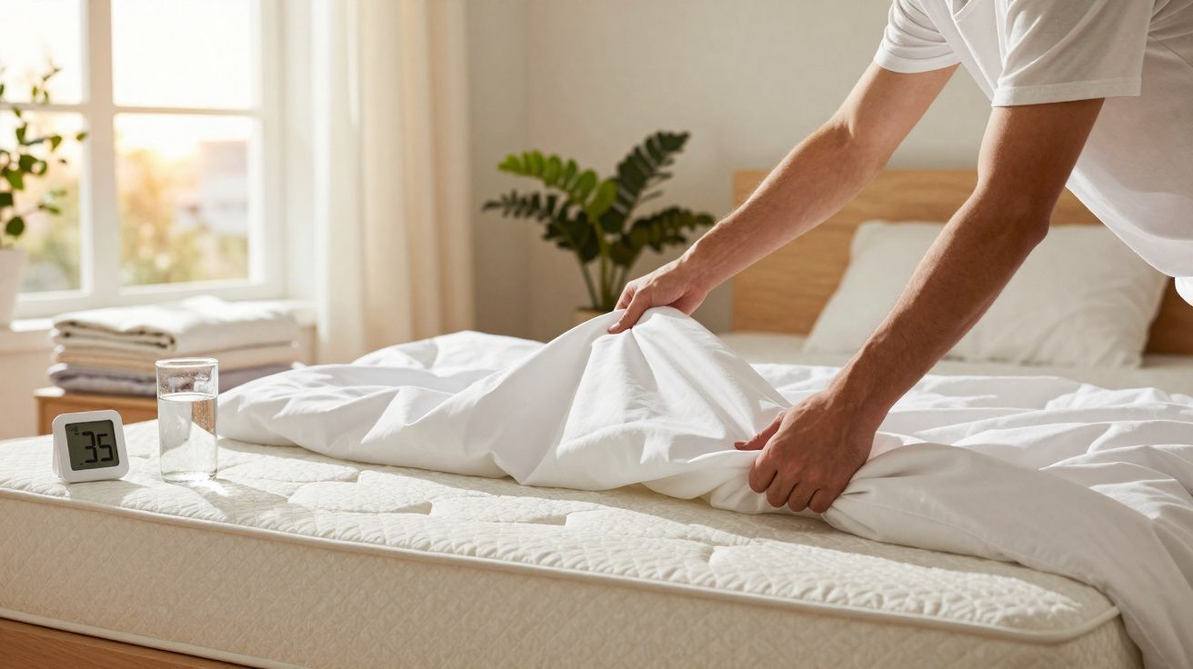 Pessoa a estender lençol branco numa cama numa divisão iluminada e com plantas ao fundo.